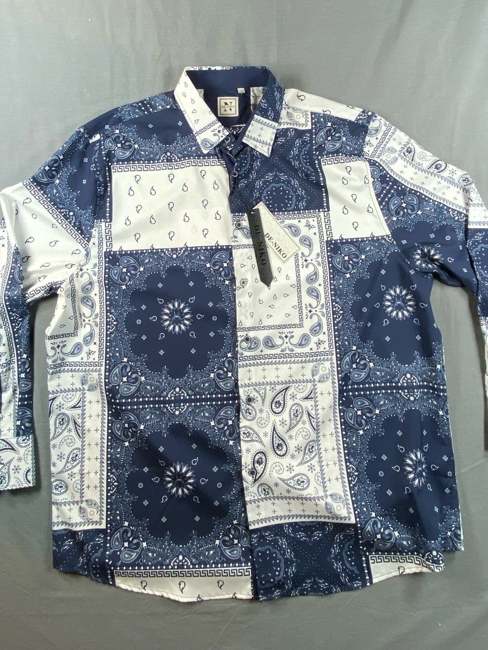 De - Niko Bandana Patchwork Long-Sleeve Dress Shirt - Blue & White 3XL